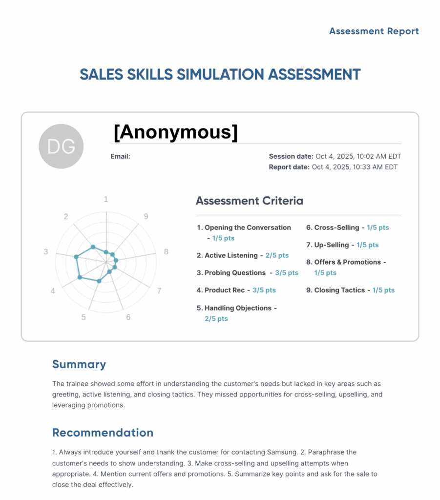 Sales Skills Simulation Assessment